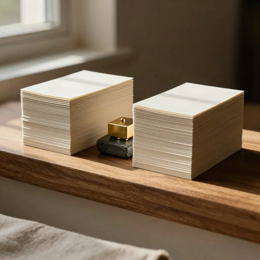 Twee stapels kaarten met messing steen en linnen strook in warm licht.