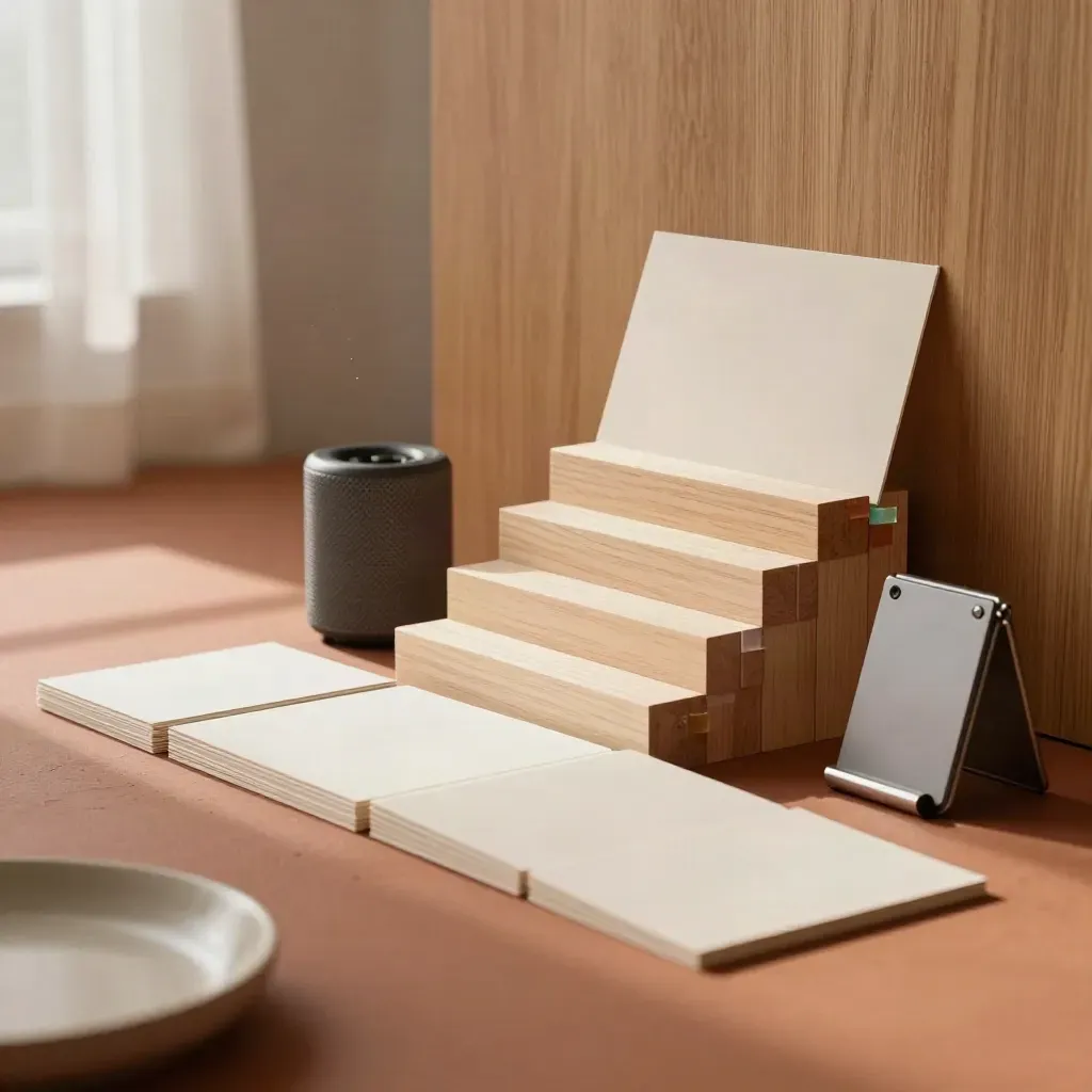 Workshopset klaar voor presentatie met kaarten, blokken, tabs, speaker en schermstandaard.