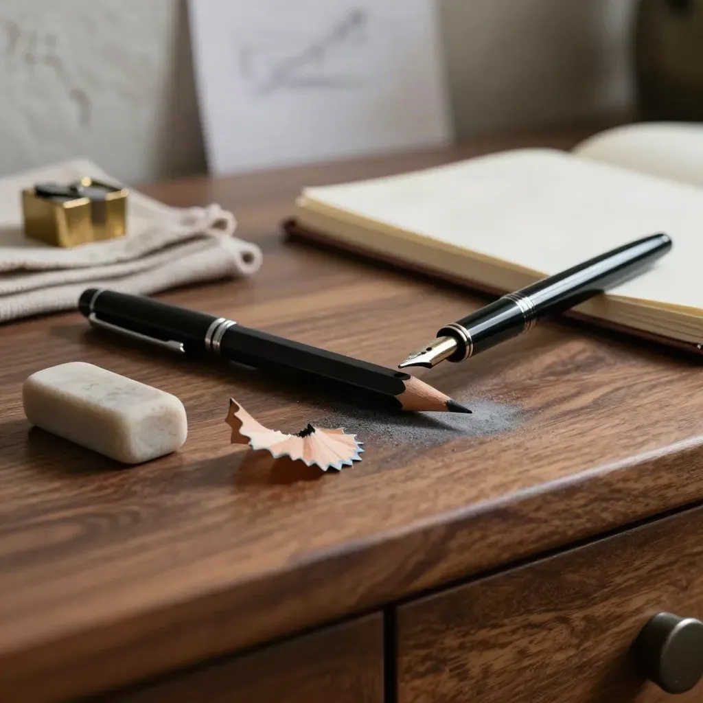 Schuine close-up van een copywriterset met potlood, vulpen en open schrift in dramatisch licht.