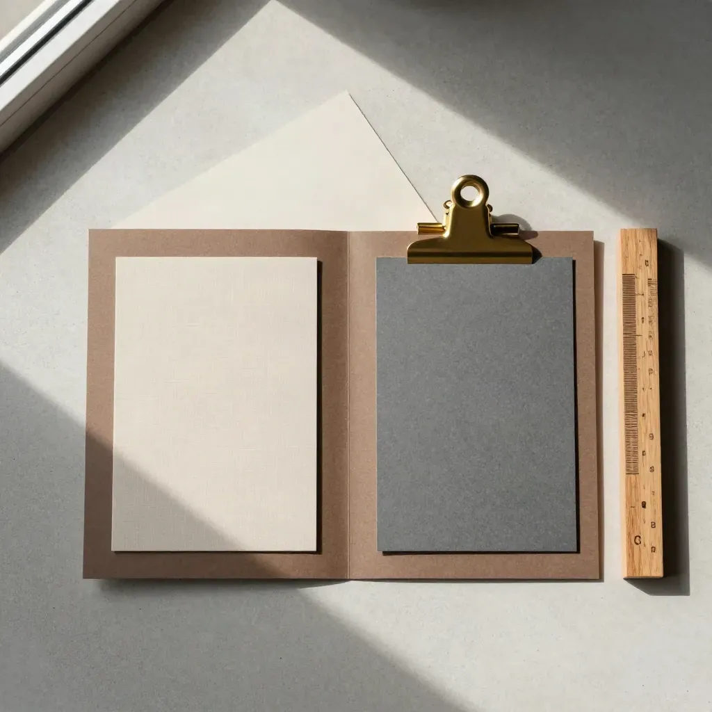 Flatlay van map, proefstalen, messing clip en houten maatsteen op licht beton.