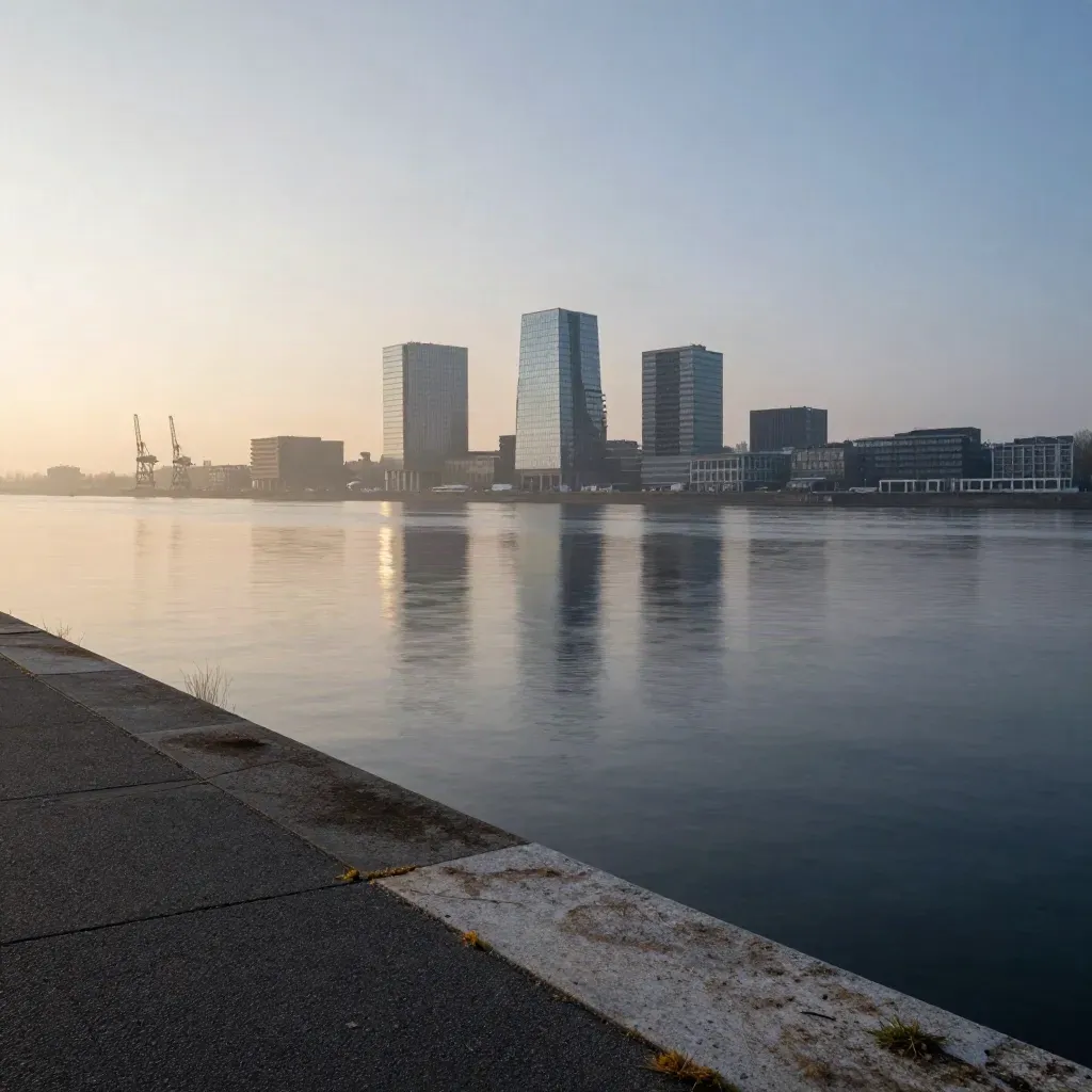 IJ-oever met Amsterdamse skyline en havenkranen hoog in nevel, rustig water onderaan.