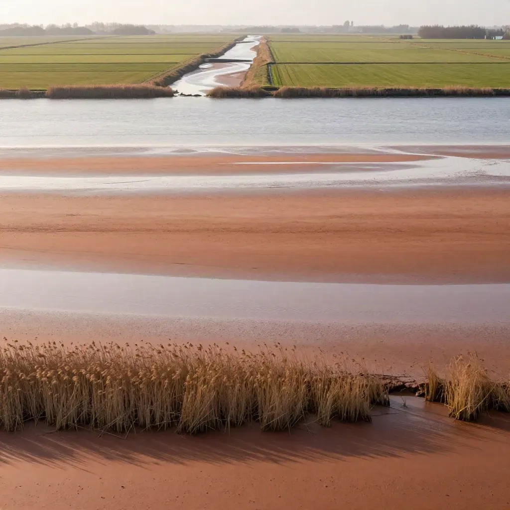 Rustig landschap van de Nederlandse delta met dijken, polderlijnen en water in zacht licht